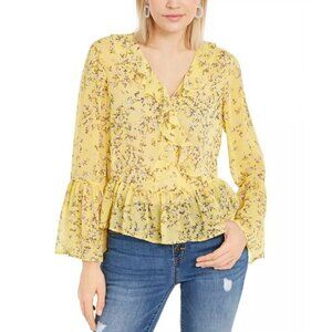 INC Yellow Floral Print Petite V-neck Top Sheer Blouse Ruffles V-neck PL